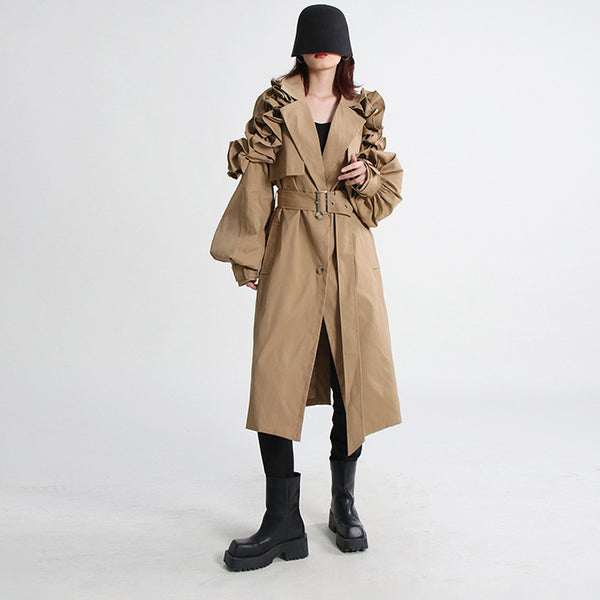 Chic fungus long sleeve belted trench coats