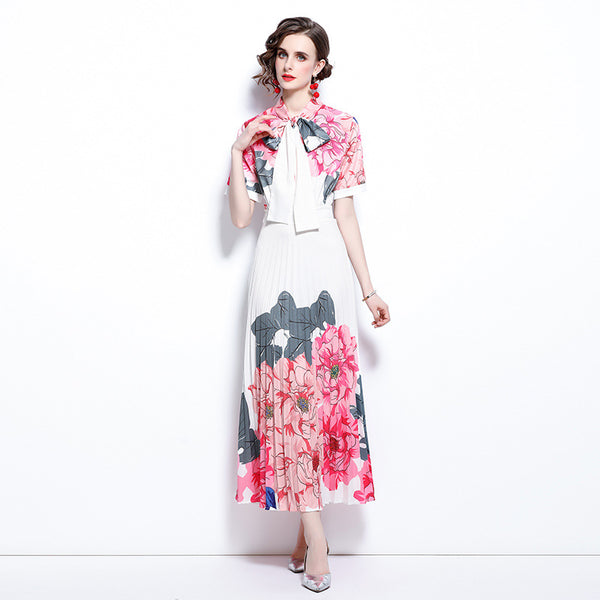 Elegant v-neck bowknot summer pleated dresses