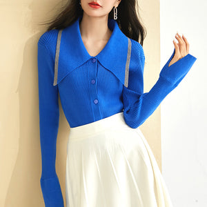 Brief solid large lapel long sleeve knit tops