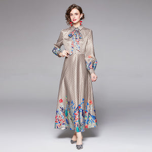 Turn-down collar print belted maxi dresses