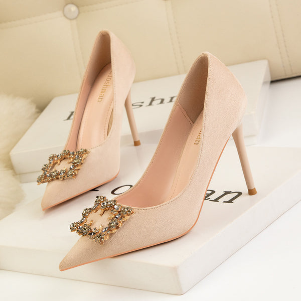 Sweet rhinestone pointed toe thin heels shoes
