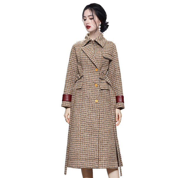 Women's single breasted plaid long wool coat