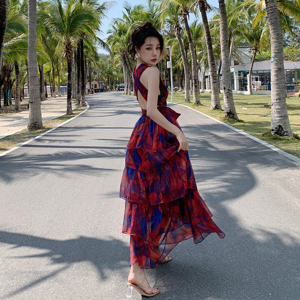 Boho floral print belted layered beach maxi dresses