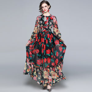 Retro floral ruched high waisted maxi dresses