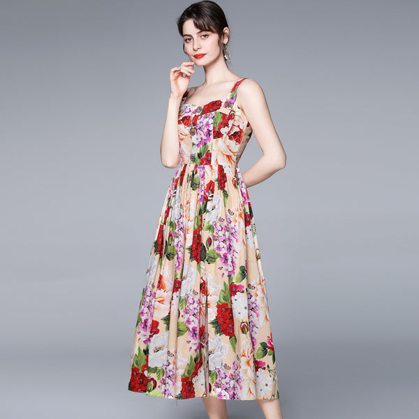 Summer boho sleeveless floral print long maxi dress