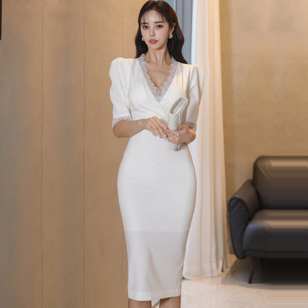 V-neck short sleeve waisted white dresses