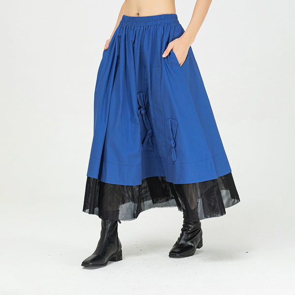 Mesh patch bowknot elastic waist skirts