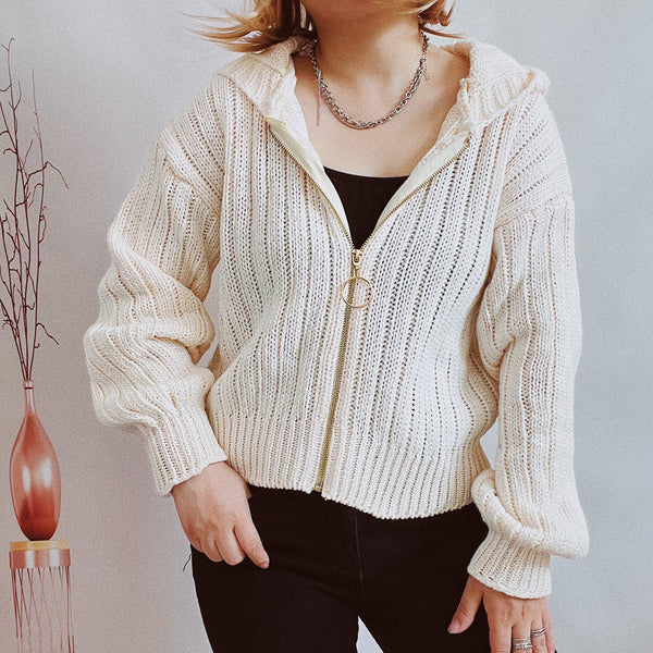Casual solid zipper hoodied knitting cardigans