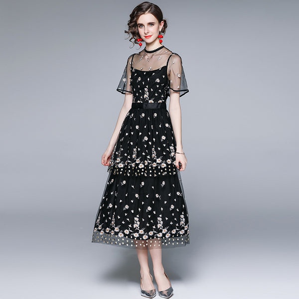 Black crew neck embroidered lace cupcake long dresses