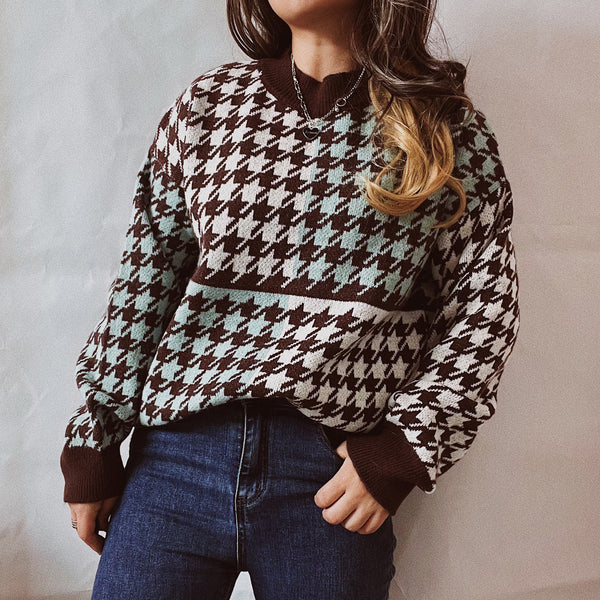 Houndstooth color block crew neck pullover sweaters