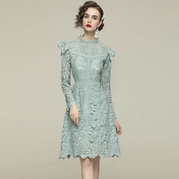 Light blue mock neck openwork embroidered lace dresses