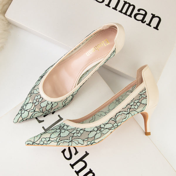 Sexy lace hollow pointed toe pump shoes