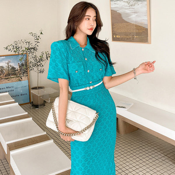 Turn-down collar top blue lace sheath skirt suits