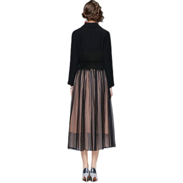 Elegant solid long sleeve blazers and mesh a-line skirts suits