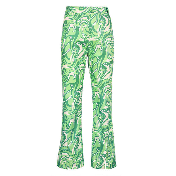 Fashion green print split bell bottom pants
