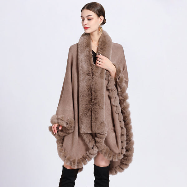 Elegant fur collar long sleeve irregular shawl cloak coats