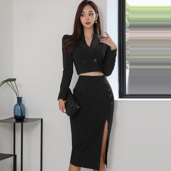 Women's sexy striped bodycon blazers & high split pencil skirts