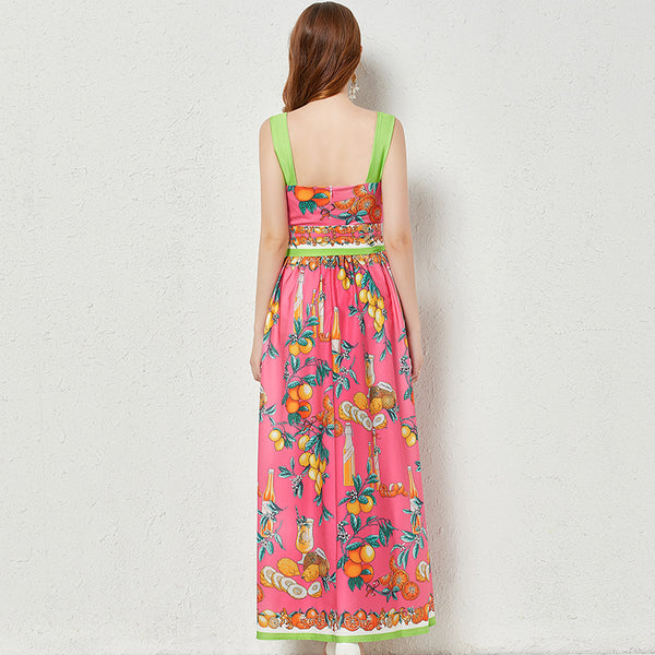 Spring print high waist split belted maxi dresses