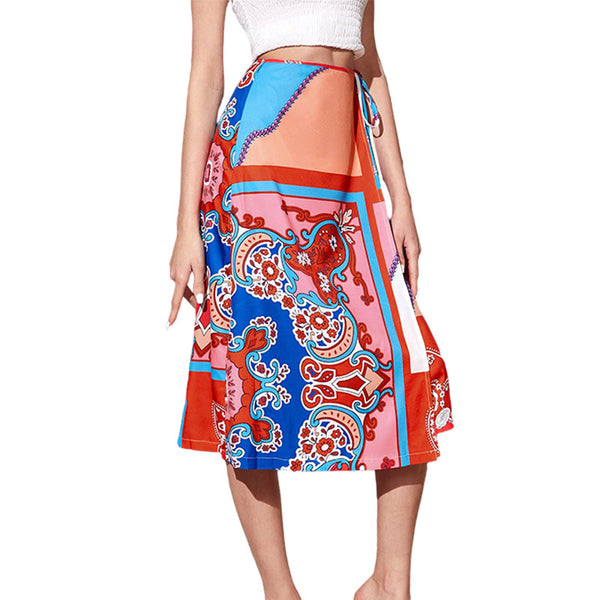 Ethnic print belted high waist bodycon skirts