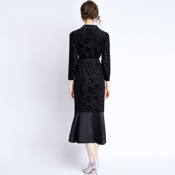 Lapel lace patchwork maxi wrap dresses