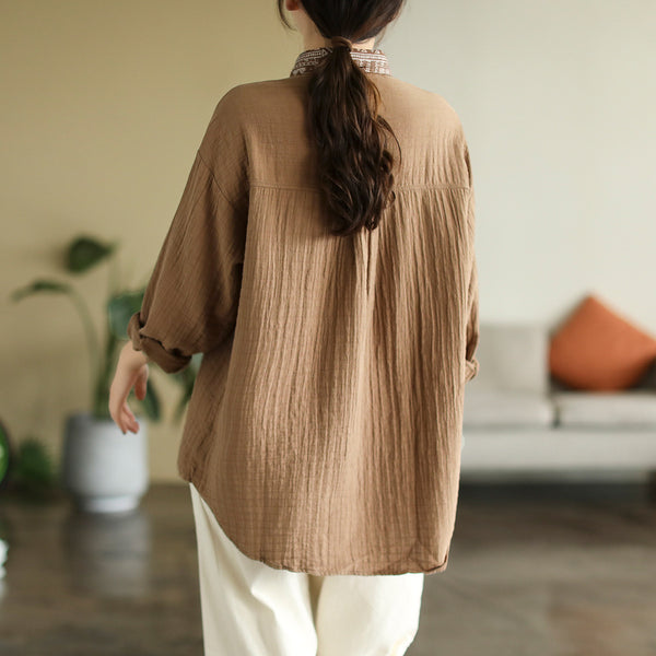 Stylish patchwork lapel long sleeve linen blouses