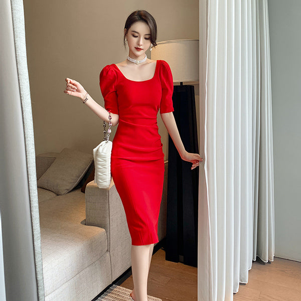 Elegant red square neck short sleeve party dresses
