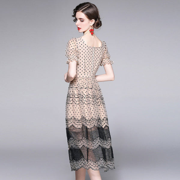 Square neck puff sleeve dot layered lace a-line dresses