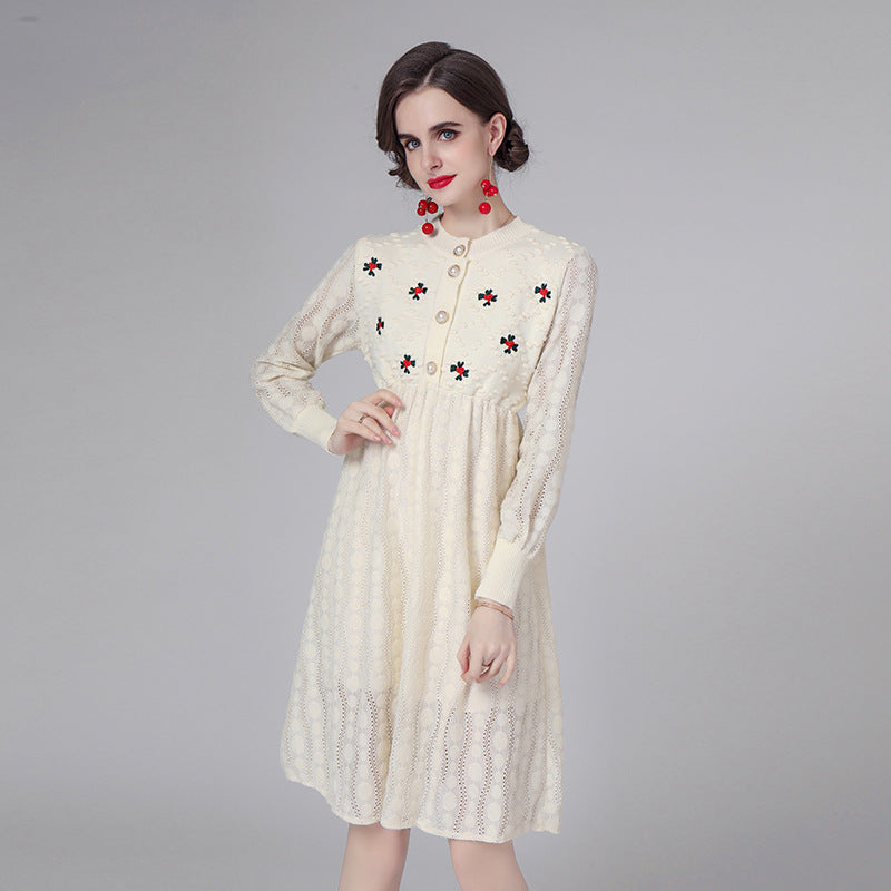 Knitted mock neck openwork embroidered dresses
