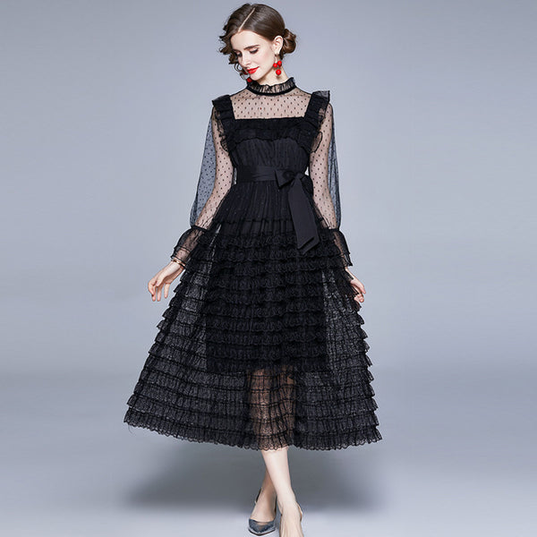 Black ruffle mock neck mesh dresses
