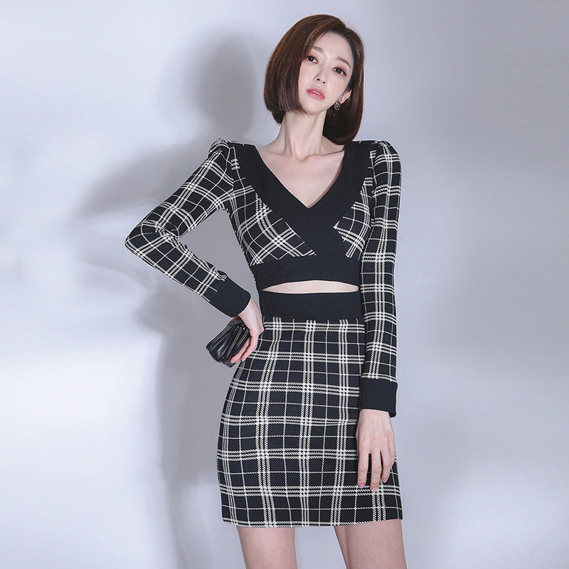 V-neck puff sleeve cut-out open plaid short dresses