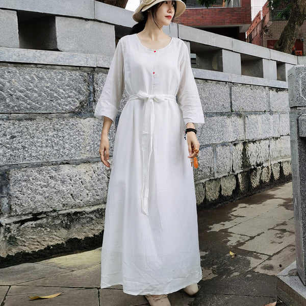 Casual crew neck long sleeve belted linen dresses