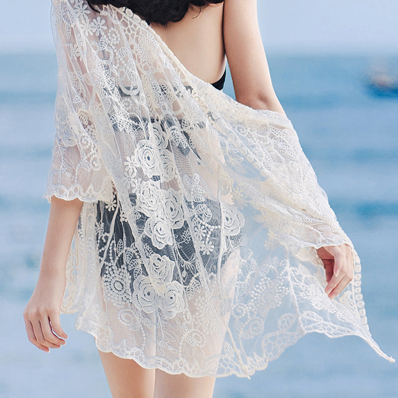 Mesh embroidered transparent beach cover ups
