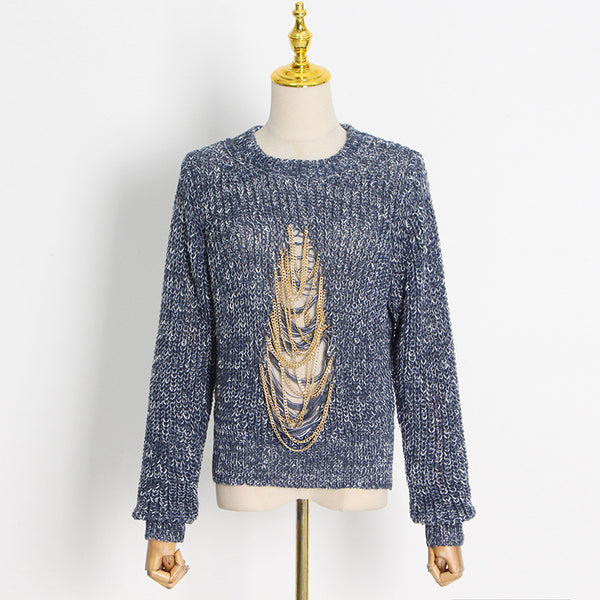 Chic hollow out chain crew neck pullover sweaters