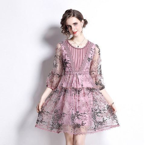 Lace embroidery crew neck a-line dresses