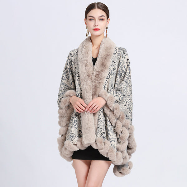 Vintage jacquard fur collar shawl cloak coats
