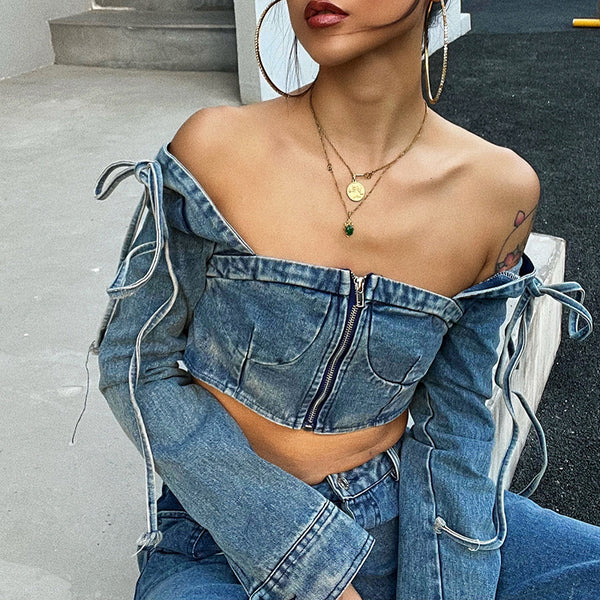 Off-the-shoulder cropped tops with baggy jeans