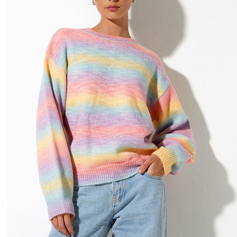 Casual rainbow gradient raglan long sleeve sweaters