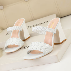 Braid square toe chunky heeled sandals
