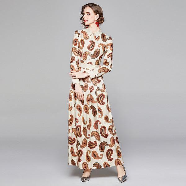 Brief print long sleeve lapel maxi dresses