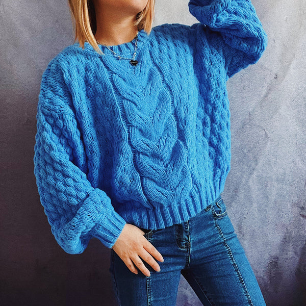 Casual solid cable knit lantern sleeve sweaters