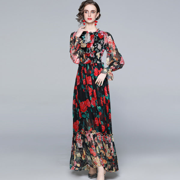 Retro floral ruched high waisted maxi dresses