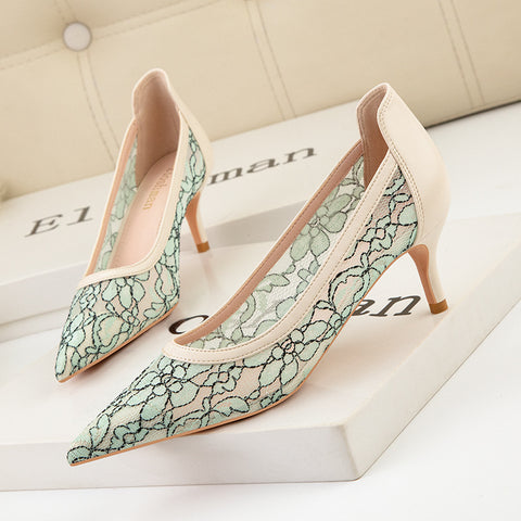 Sexy lace hollow pointed toe pump shoes