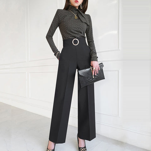 Chic print mock neck long sleeve tops and high waist wide leg pants suits