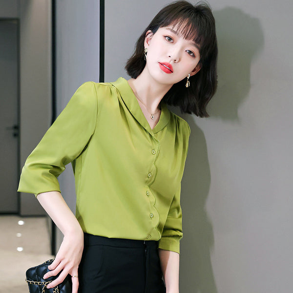 Women long sleeve office satin blouse