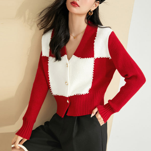 Chic color block v-neck single breated cardigans