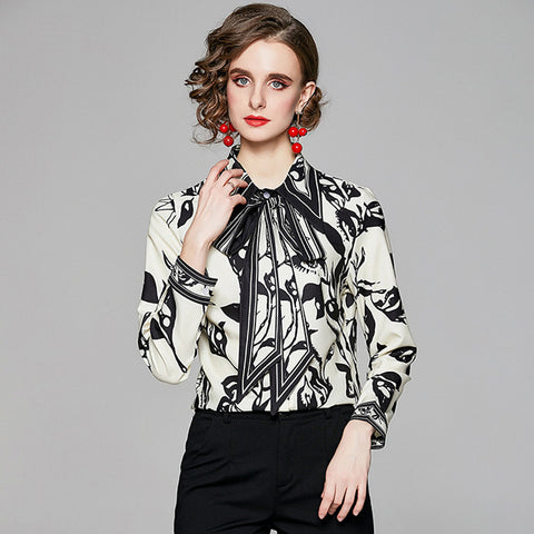 Front tie turn-down collar print blouses
