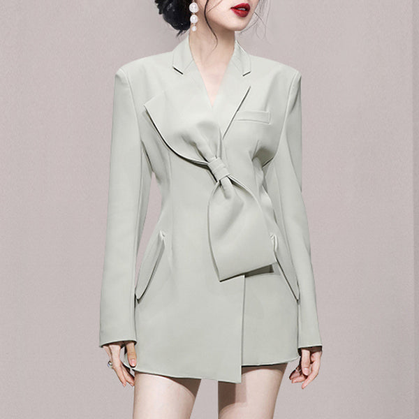 Classic-fit large lapels bow-embellished solid color office dresses