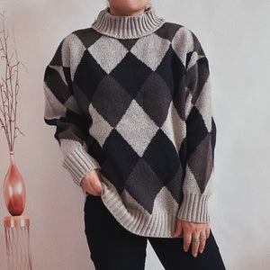 Vintage geometric high neck long sleeve sweaters