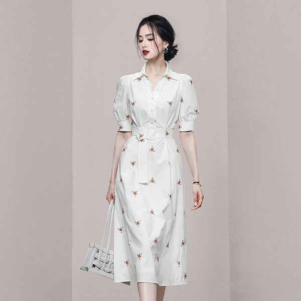 Embroidery lapel short sleeve belted midi shirt dresses