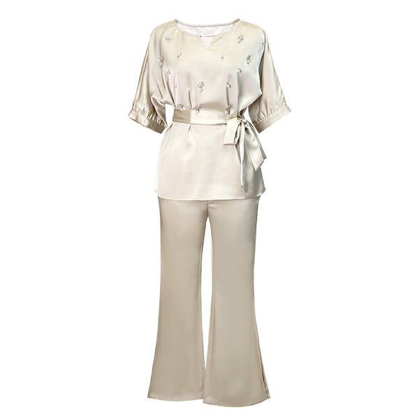 Elegant solid crew neck belted tops and wide leg pants suits